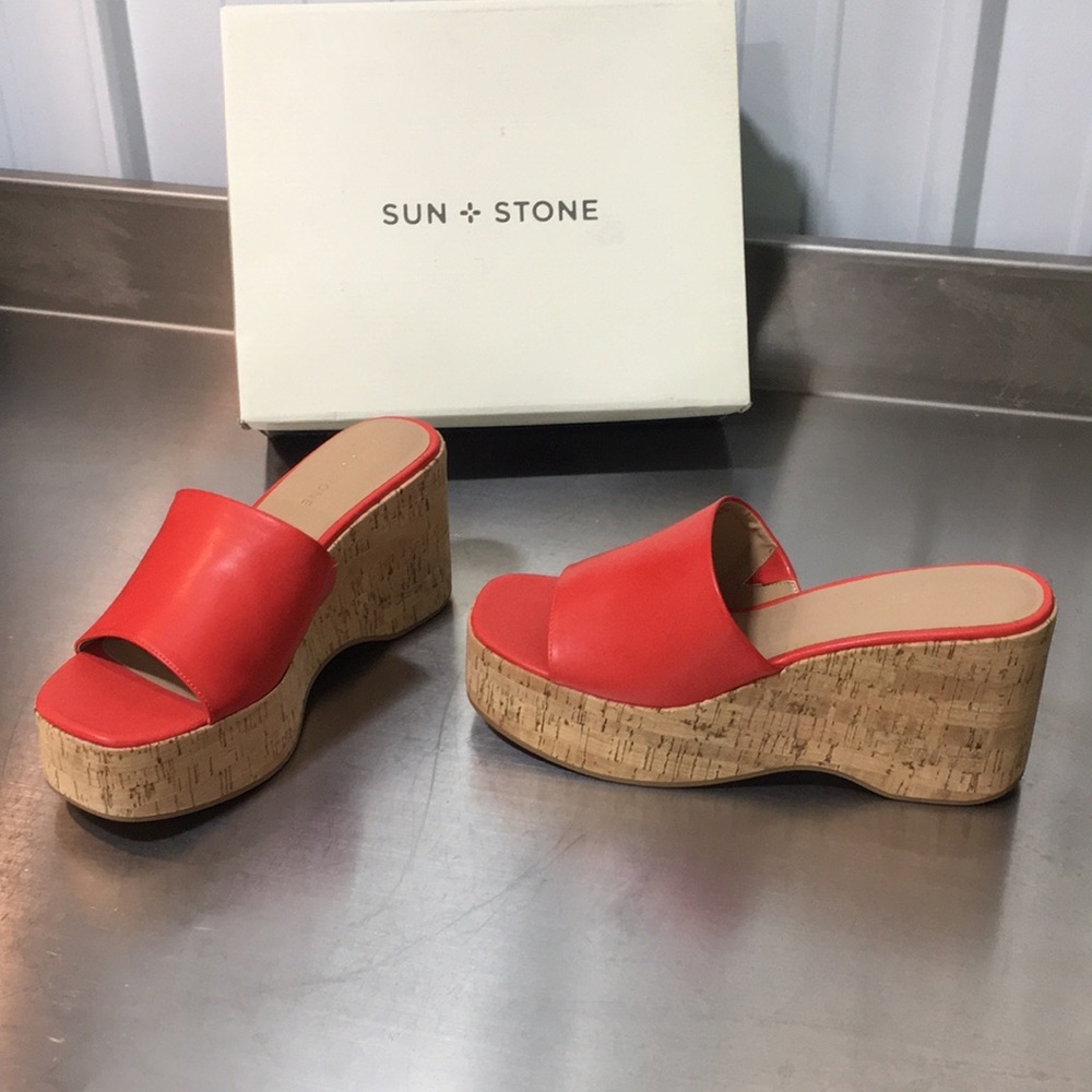 Sun‎ + Stone Women’s Red Cork Platform Slide Sandals
